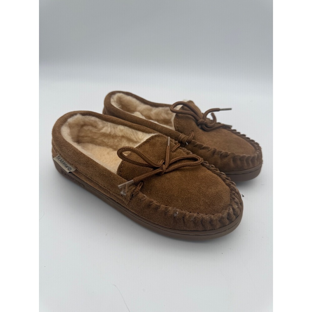 Bearpaw Kids Moccasin Slippers Hickory Brown Suede Wool Blend Size 3 Kids